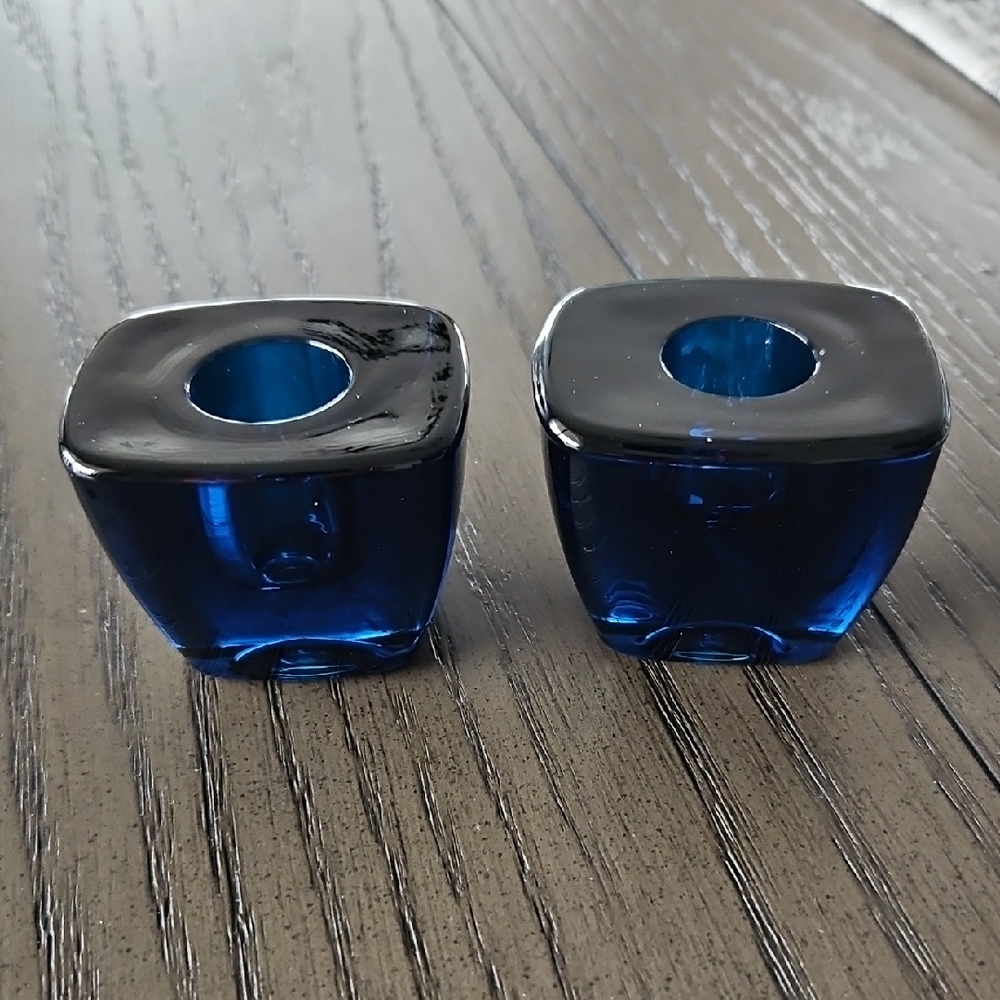 Elegant Blue Glass VIKING Candle Holders - Vintage
